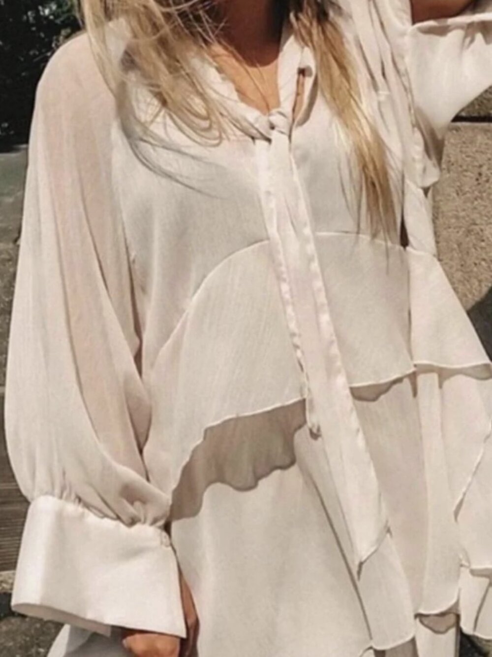 ZARA Cream Tie Front Ruffle Front Boho Blouse